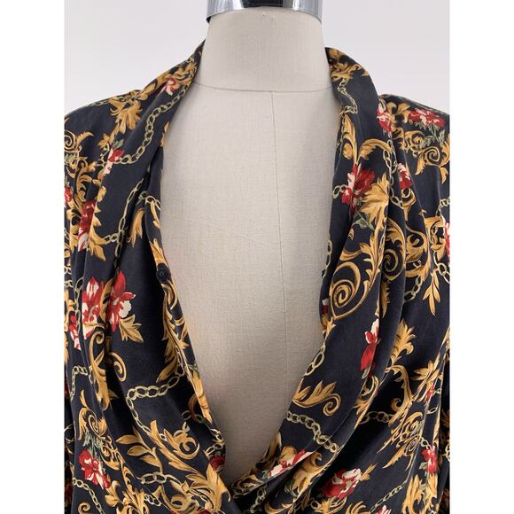 Vintage Silk Blouse Black Gold Key Baroque Chain Floral Print Top Saks 12 - Picture 8 of 14